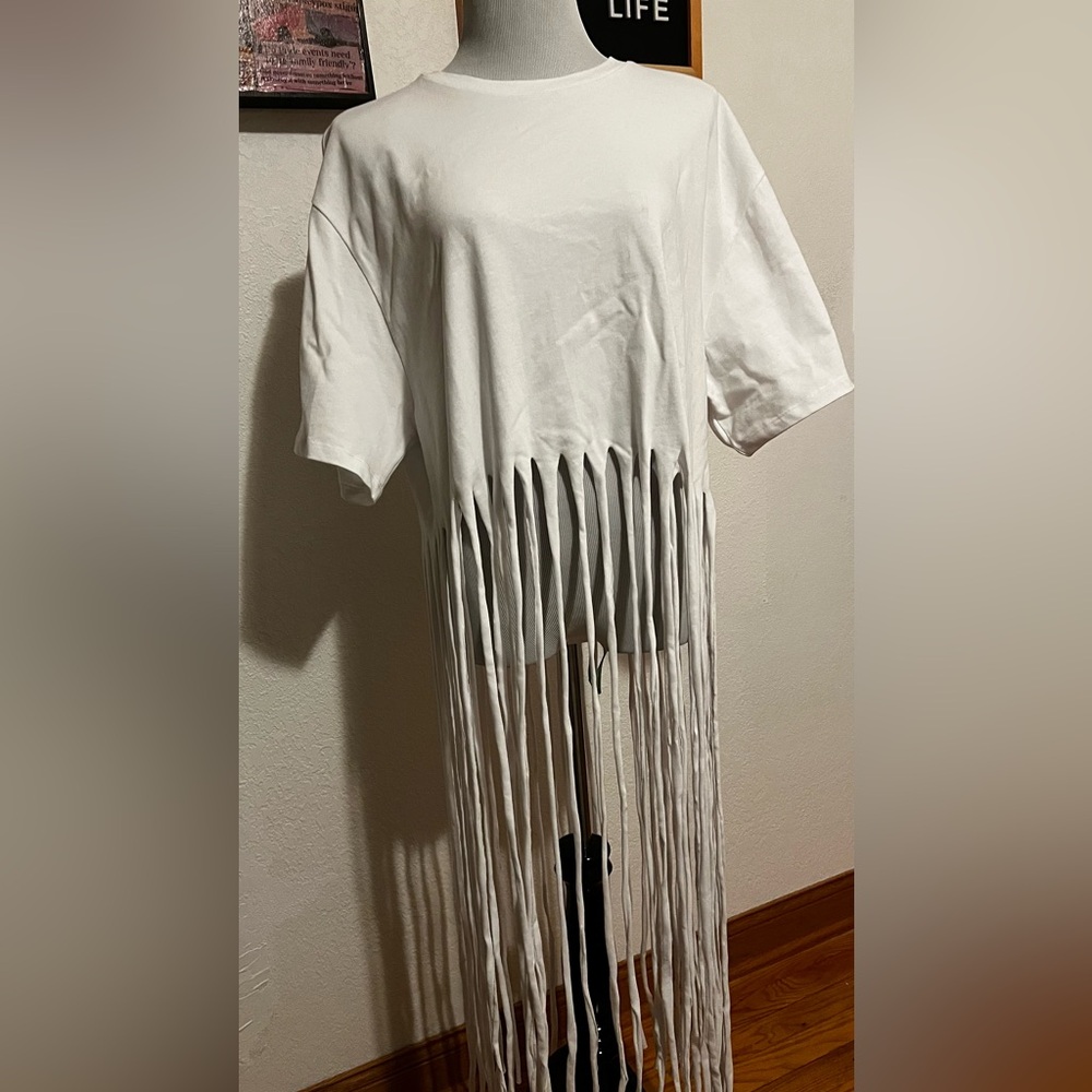 Zara White Fringe Short Sleeve Tee